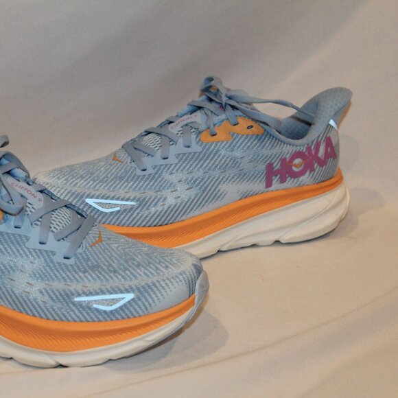NIB HOKA WOMEN'S CLIFTON 9 AIRY BLUE/ICE WATER BLUE PINK ORANGE RUNNING SNEAKERS - Picture 5 of 7